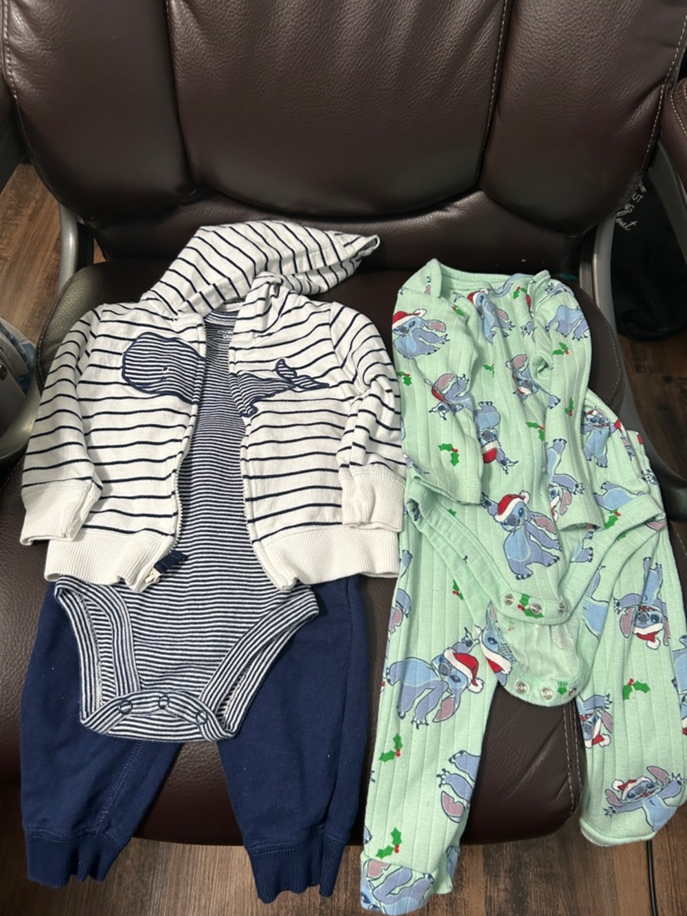 Striped Navy & White Hooded One-Piece with Navy Bottoms and stitch set